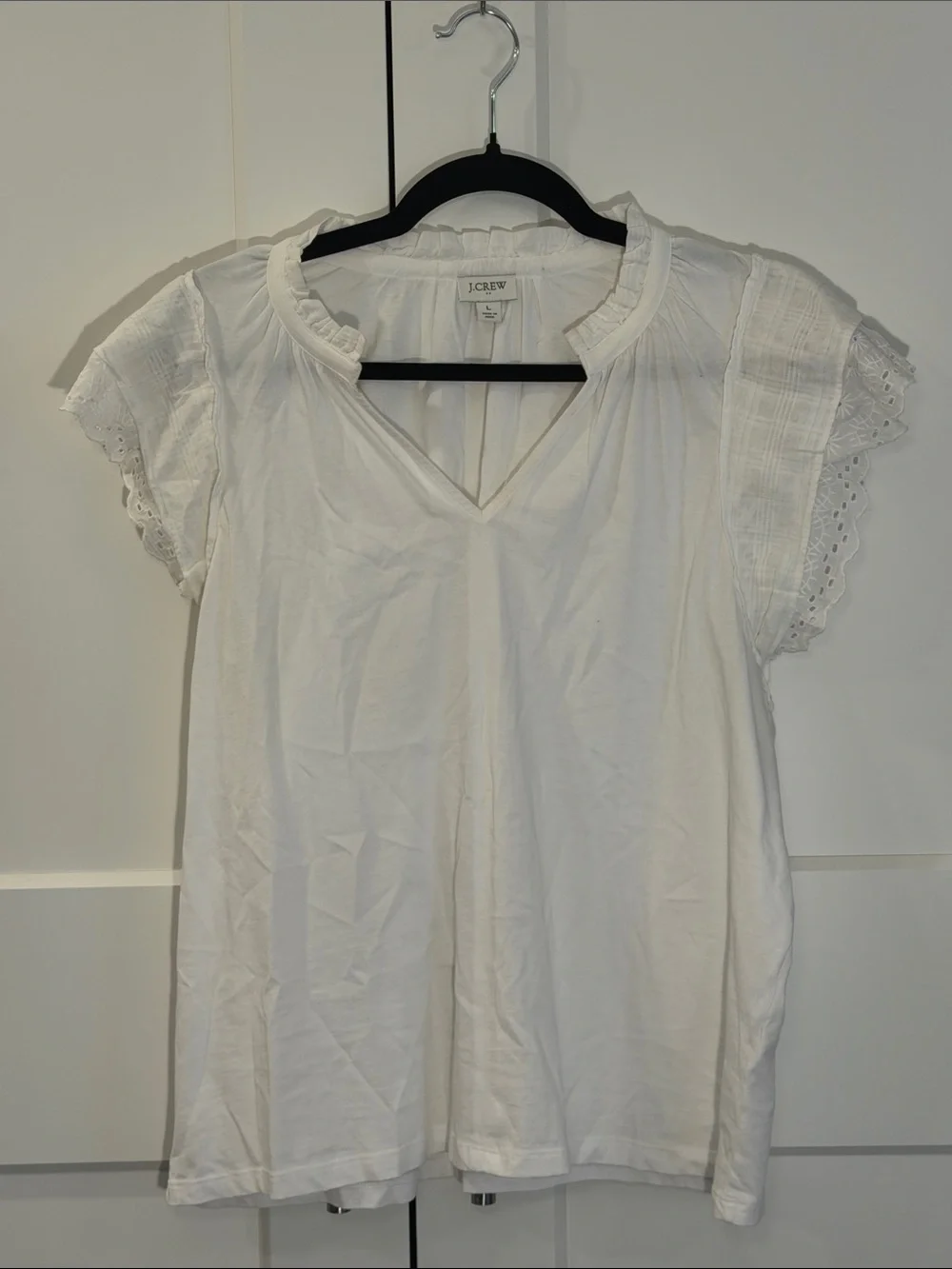 J. Crew White Eyelet Flutter Sleeve V-Neck Top